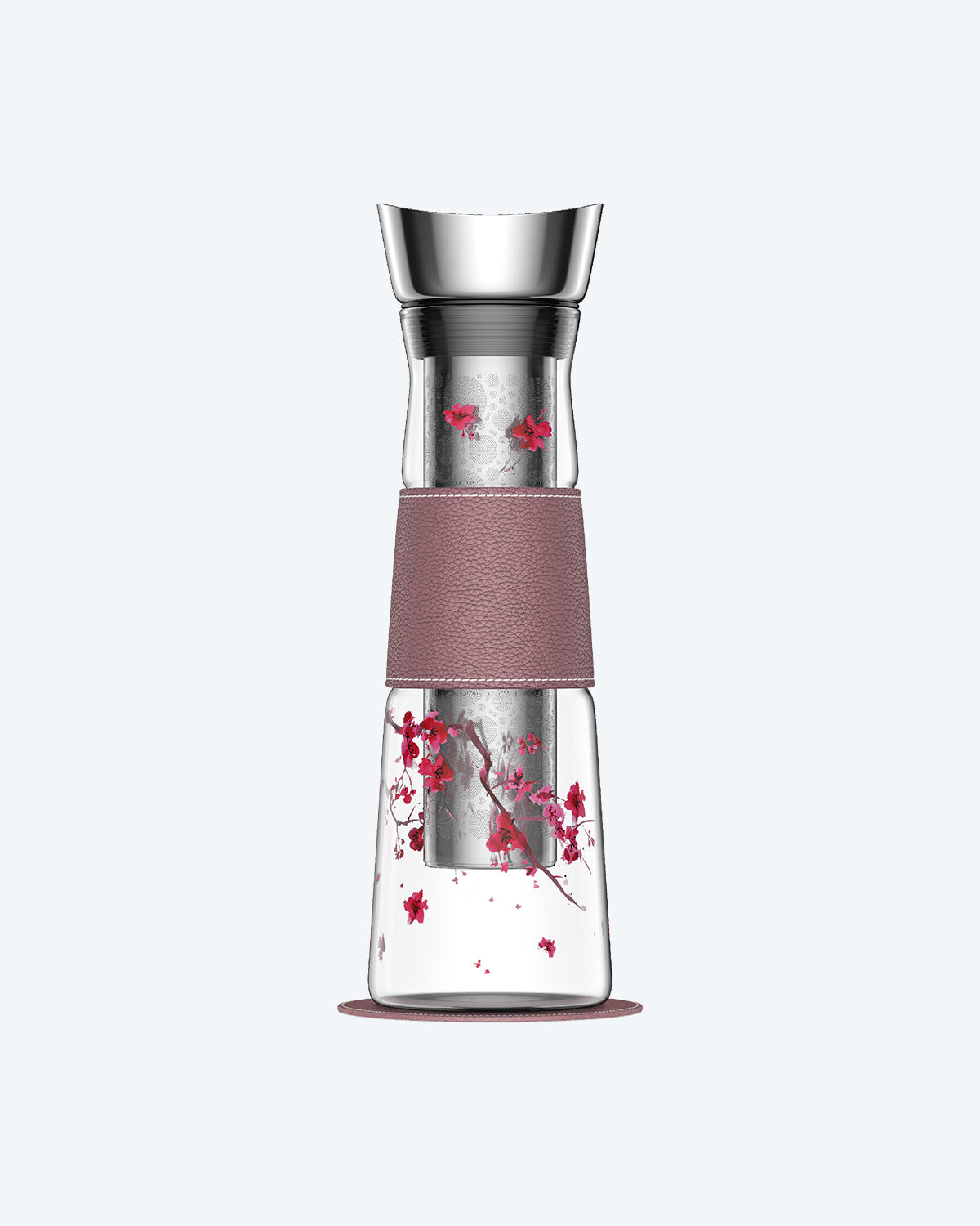 Tall, elegant, clear glass carafe, including removable tea strainer and stainless steel pour top, decorated with painted cherry blossoms, including sleeve for grip and matching base.